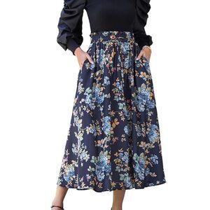 SCARLET DARKNESS Floral Midi Skirt Navy‎ Blue NWT Small